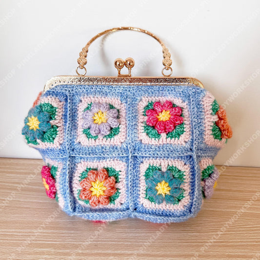 Crochet Granny Square Purse | Floral Handmade Clutch Bag with Gold Frame | Retro Flower Handbag | Gift for Women