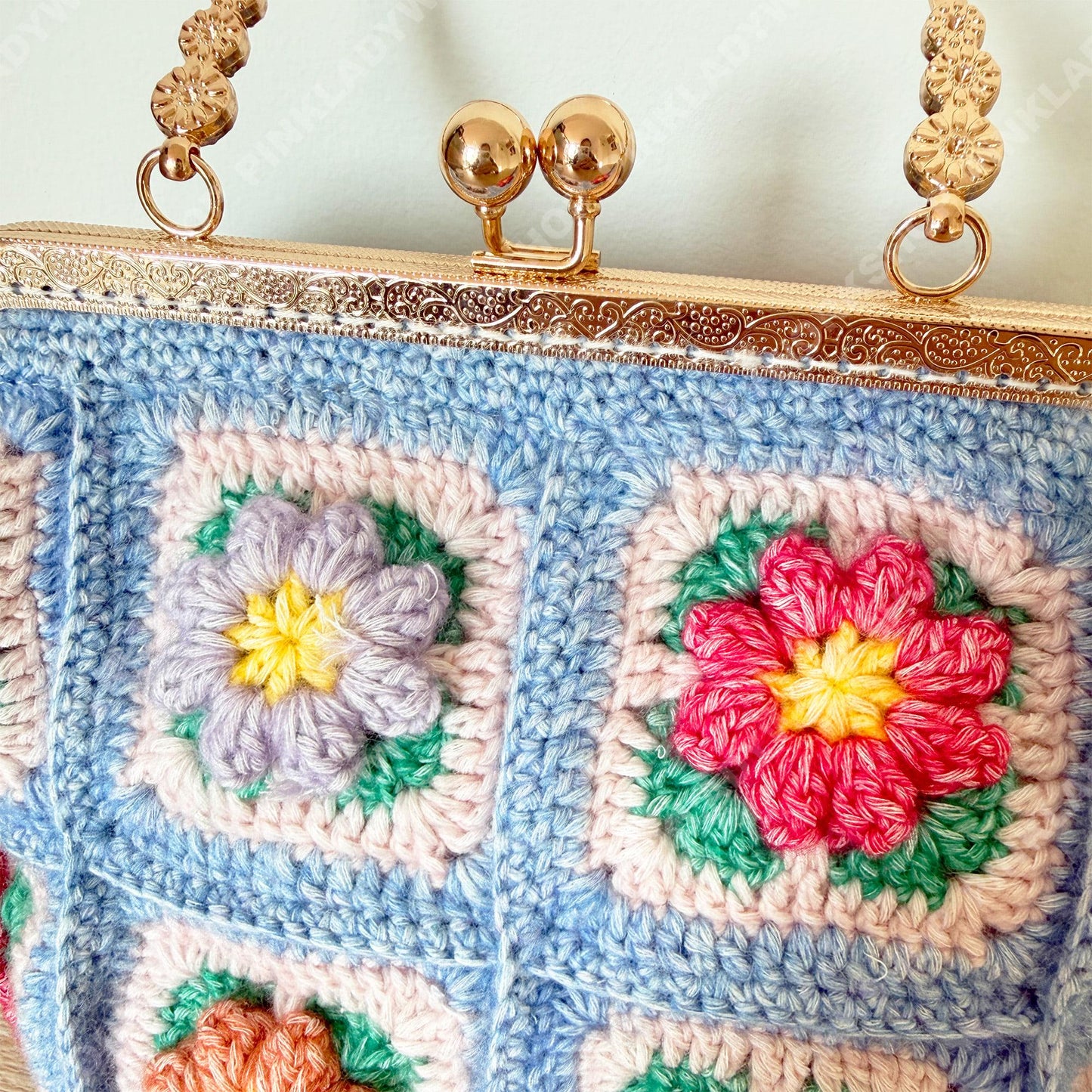 Crochet Granny Square Purse | Floral Handmade Clutch Bag with Gold Frame | Retro Flower Handbag | Gift for Women