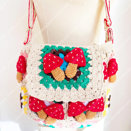 Crochet Mushroom Granny Square Bag | Handmade Cottagecore Crossbody Purse | 3D Toadstool Crochet Handbag | Whimsical Gift