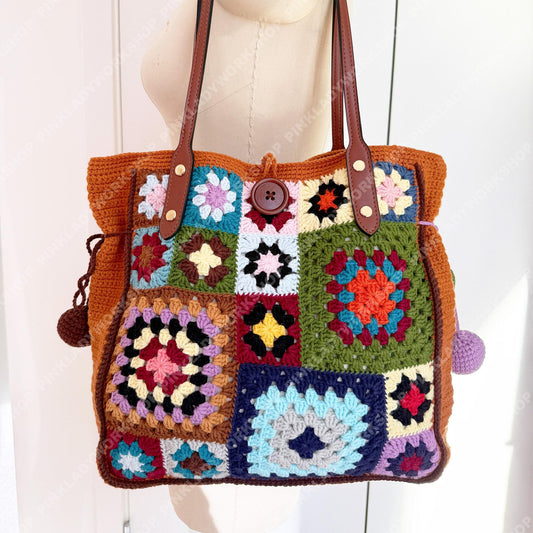 Large Crochet Granny Square Tote Bag | Handmade Colorful Patchwork Shoulder Bag | Vintage Style Crochet Handbag | Everyday Market Tote