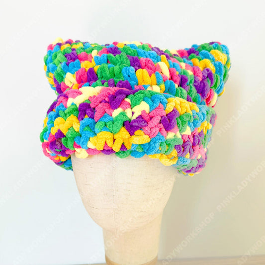 Colorful Crochet Cat Hat | Handmade Chunky Yarn Kitty Beanie | Rainbow Cat Ear Hat | Cute Winter Gift