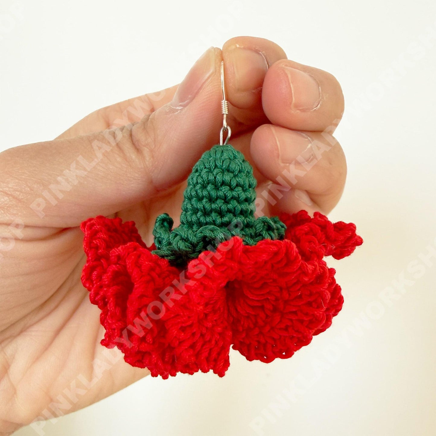 Handmade Crochet Carnation Earrings | Red Yarn Floral Dangles