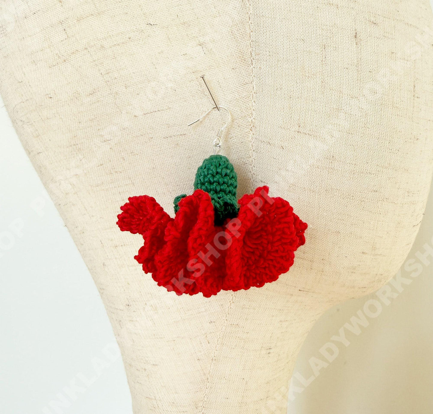 Handmade Crochet Carnation Earrings | Red Yarn Floral Dangles