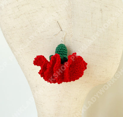 Handmade Crochet Carnation Earrings | Red Yarn Floral Dangles