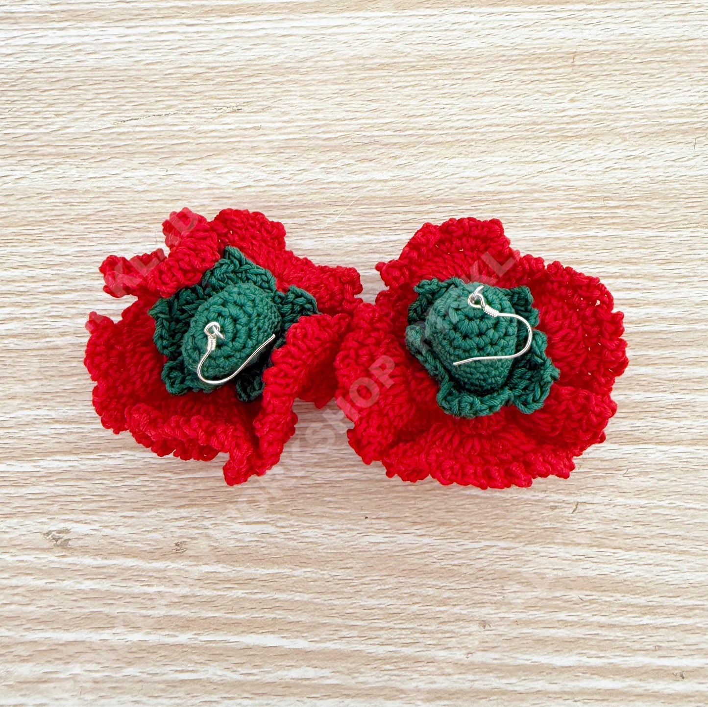 Handmade Crochet Carnation Earrings | Red Yarn Floral Dangles