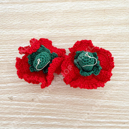 Handmade Crochet Carnation Earrings | Red Yarn Floral Dangles