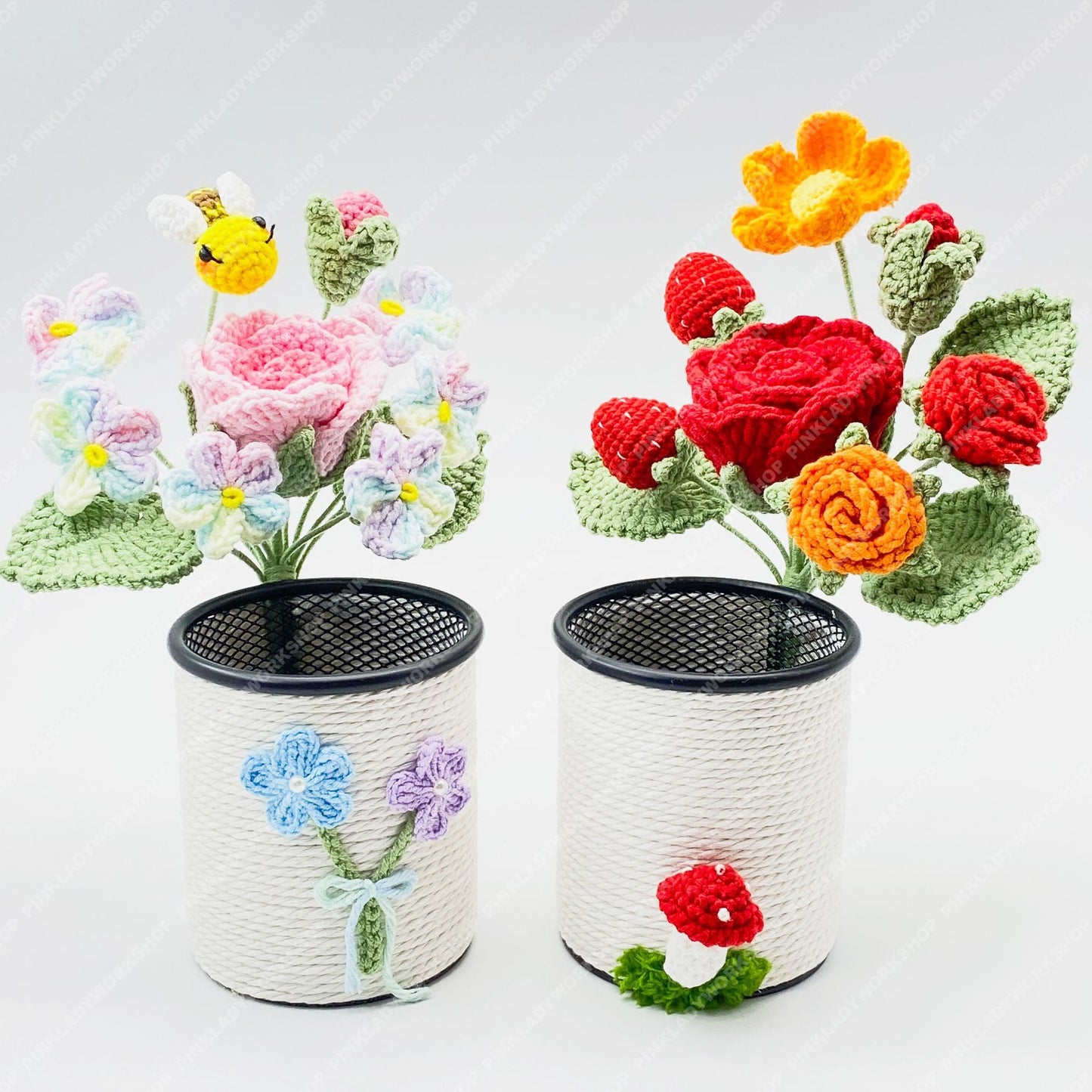 Crochet Flower Pen Holder | Handmade Yarn Desk Organizer