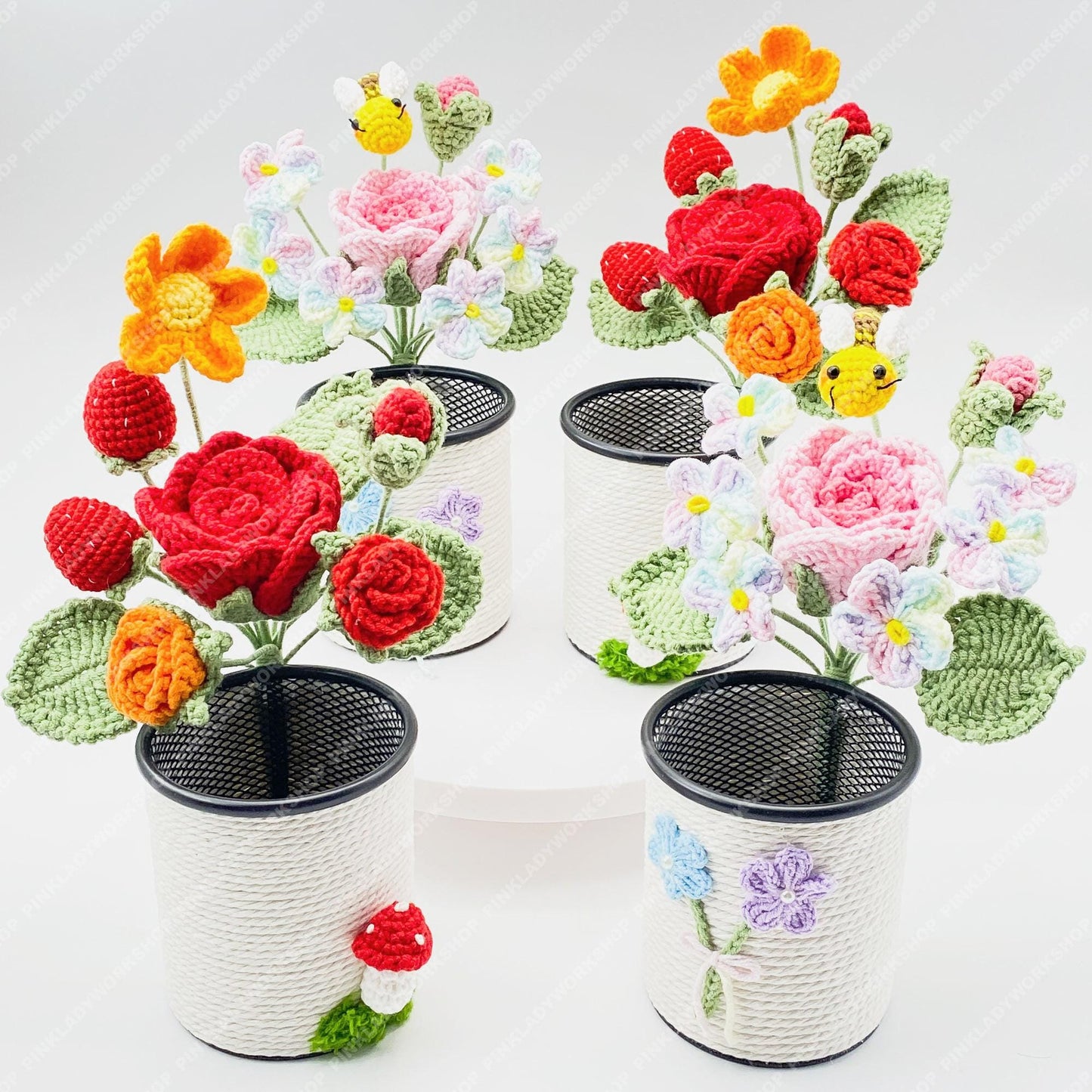 Crochet Flower Pen Holder | Handmade Yarn Desk Organizer