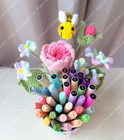 Crochet Flower Pen Holder | Handmade Yarn Desk Organizer