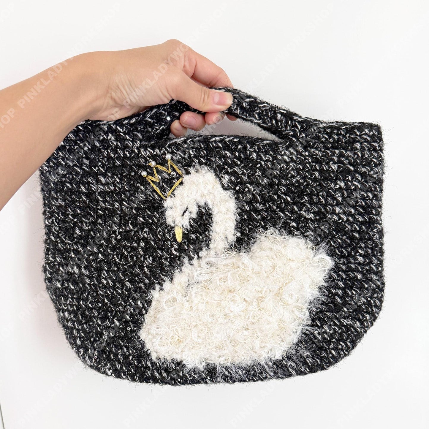 Crochet Swan Clutch | Handmade Yarn Evening Bag with Crown