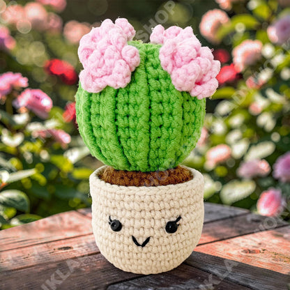 Hand-Crocheted Cactus with Pink Flowers | Kawaii Amigurumi Desk Decor