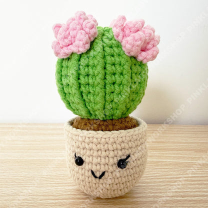 Hand-Crocheted Cactus with Pink Flowers | Kawaii Amigurumi Desk Decor