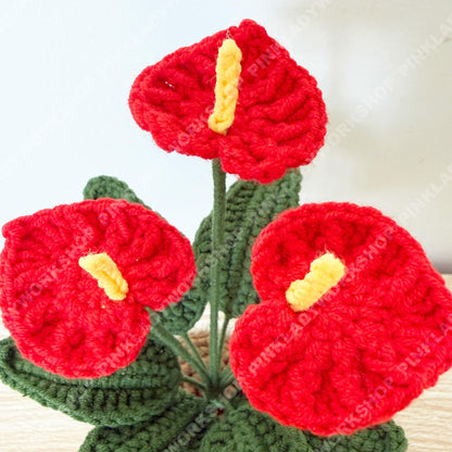Handmade Crochet Anthurium Plant | Red Laceleaf Flower Amigurumi, Tropical Decor