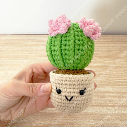 Hand-Crocheted Cactus with Pink Flowers | Kawaii Amigurumi Desk Decor