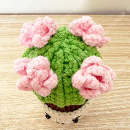 Hand-Crocheted Cactus with Pink Flowers | Kawaii Amigurumi Desk Decor