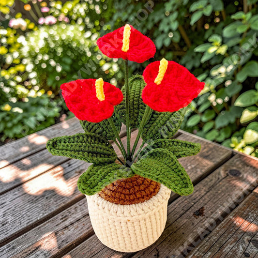Handmade Crochet Anthurium Plant | Red Laceleaf Flower Amigurumi, Tropical Decor