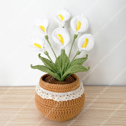 Handmade Crochet Calla Lily Plant Pot Decor | Faux Potted Spring Home Accent