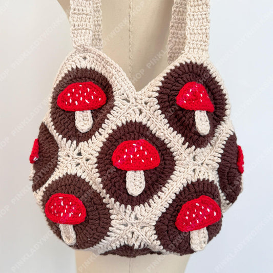 Handmade Crochet Mushroom Tote Bag | Granny Square Cottagecore Shoulder Bag