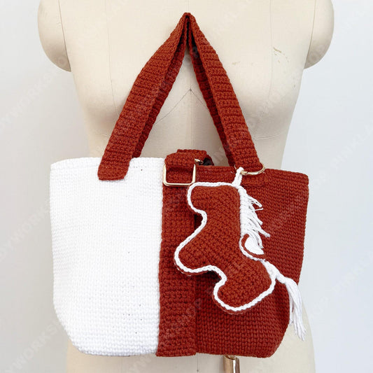 Crochet Horse Clutch Bag | Handmade Equestrian Purse | Kentucky Derby Bag | Knit Shoulder Bag | Statement Horse Bag | Pink | Brown