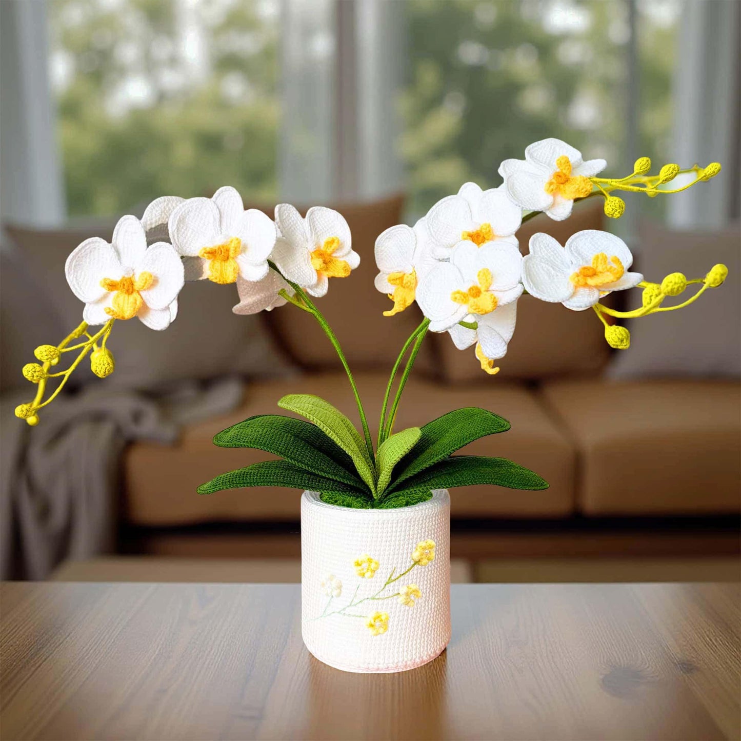 Handmade Crochet Orchid Pot: White & Green Flower Arrangement