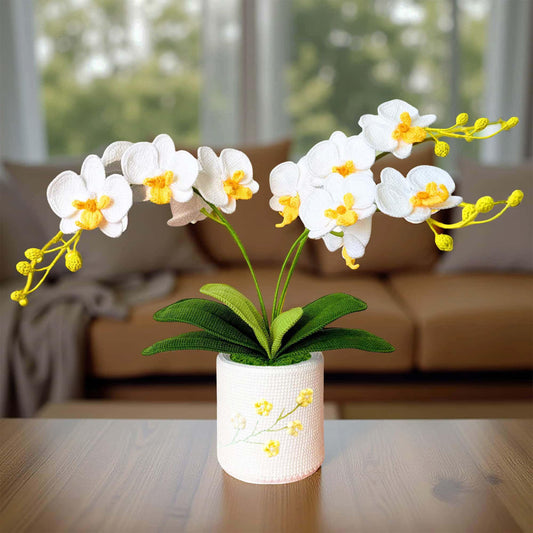 Handmade Crochet Orchid Pot: White & Green Flower Arrangement