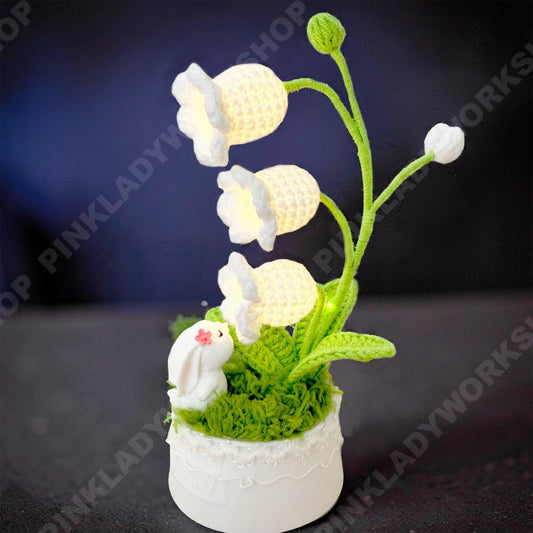 Crocheted Lily of the Valley Night Light with Bunny | Spring Cottagecore Decor Lamp