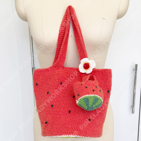 Crochet Watermelon Tote Bag | Handmade Fruit Purse | Summer Strawberry Style Bag | Cute Knit Handbag | Kawaii Tote with Charm
