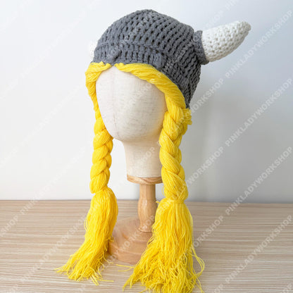 Pre-order Crochet Viking Hat with Braids | Handmade Norse Helmet Beanie | Viking Costume Hat | Knit Horned Hat | Cosplay Braided Wig Cap