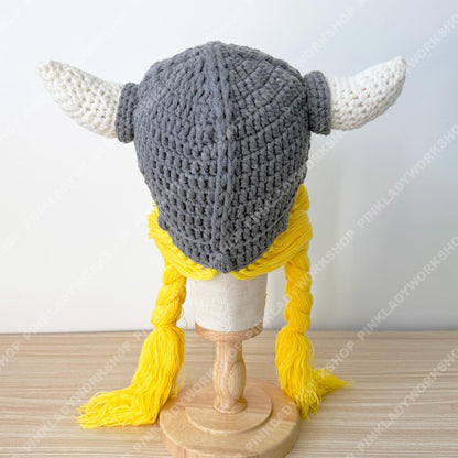 Pre-order Crochet Viking Hat with Braids | Handmade Norse Helmet Beanie | Viking Costume Hat | Knit Horned Hat | Cosplay Braided Wig Cap