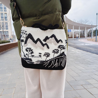 Crochet Landscape Crossbody Bag | Handmade Mountain & Cherry Blossom Purse | Aesthetic Shoulder Bag | Unique Art Tote | Gift for Her