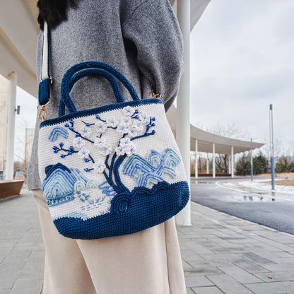 Crochet Landscape Crossbody Bag | Handmade Mountain & Cherry Blossom Purse | Aesthetic Shoulder Bag | Unique Art Tote | Gift for Her