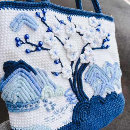 Crochet Landscape Crossbody Bag | Handmade Mountain & Cherry Blossom Purse | Aesthetic Shoulder Bag | Unique Art Tote | Gift for Her