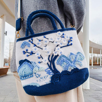 Crochet Landscape Crossbody Bag | Handmade Mountain & Cherry Blossom Purse | Aesthetic Shoulder Bag | Unique Art Tote | Gift for Her