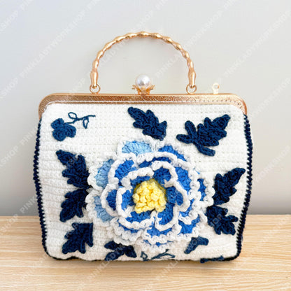 Crochet Peony Clutch Bag | Handmade Floral Purse with Pearl Handle | Elegant Vintage Handbag | Wedding Guest Bag | Blue Flower Clutch