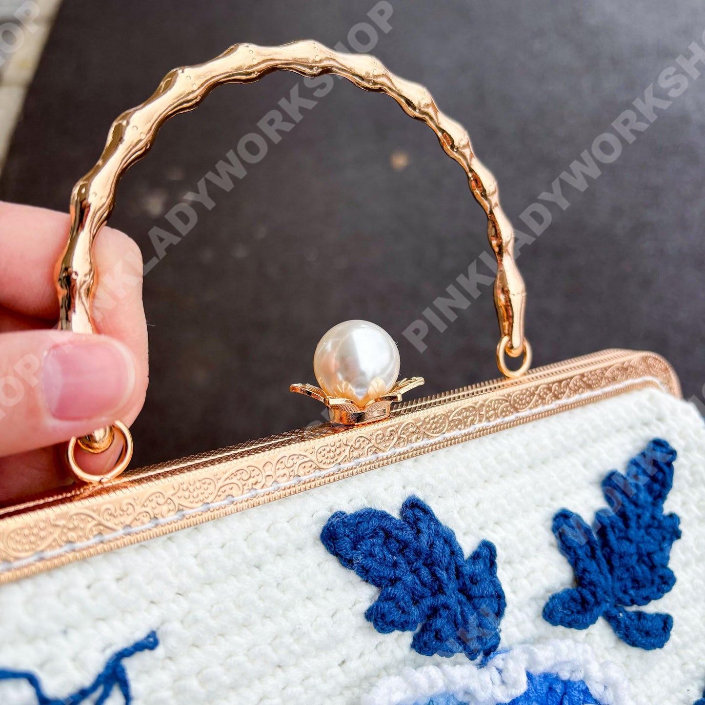 Crochet Peony Clutch Bag | Handmade Floral Purse with Pearl Handle | Elegant Vintage Handbag | Wedding Guest Bag | Blue Flower Clutch