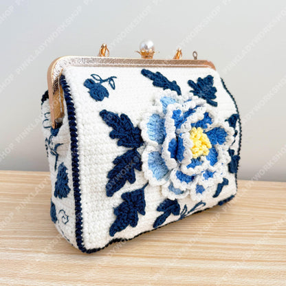 Crochet Peony Clutch Bag | Handmade Floral Purse with Pearl Handle | Elegant Vintage Handbag | Wedding Guest Bag | Blue Flower Clutch