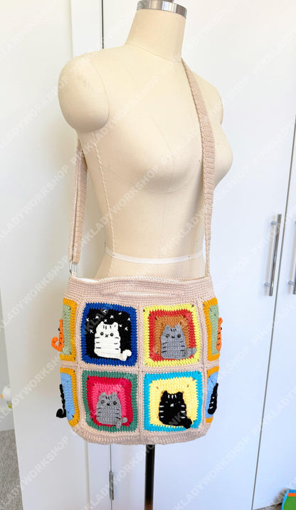 Crochet Cat Granny Square Bag | Handmade Cat Tote | Cute Kitty Crossbody | Colorful Patchwork Purse | Gift for Cat Lover