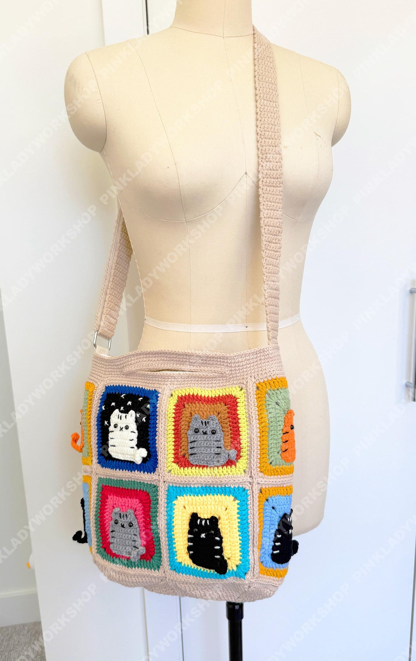 Crochet Cat Granny Square Bag | Handmade Cat Tote | Cute Kitty Crossbody | Colorful Patchwork Purse | Gift for Cat Lover