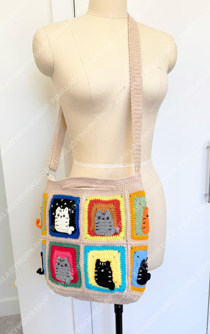 Crochet Cat Granny Square Bag | Handmade Cat Tote | Cute Kitty Crossbody | Colorful Patchwork Purse | Gift for Cat Lover