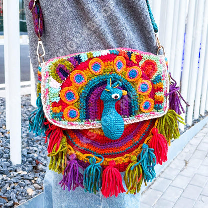 Crochet Peacock Crossbody Bag | Boho Hippie Festival Bag | Coachella Outfit Bag | Y2K Statement Purse | Handmade Colorful Shoulder Bag