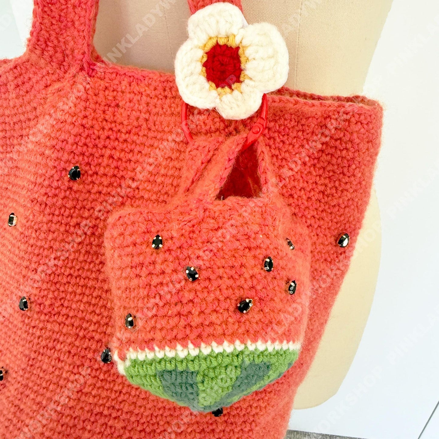 Crochet Watermelon Tote Bag | Handmade Fruit Purse | Summer Strawberry Style Bag | Cute Knit Handbag | Kawaii Tote with Charm