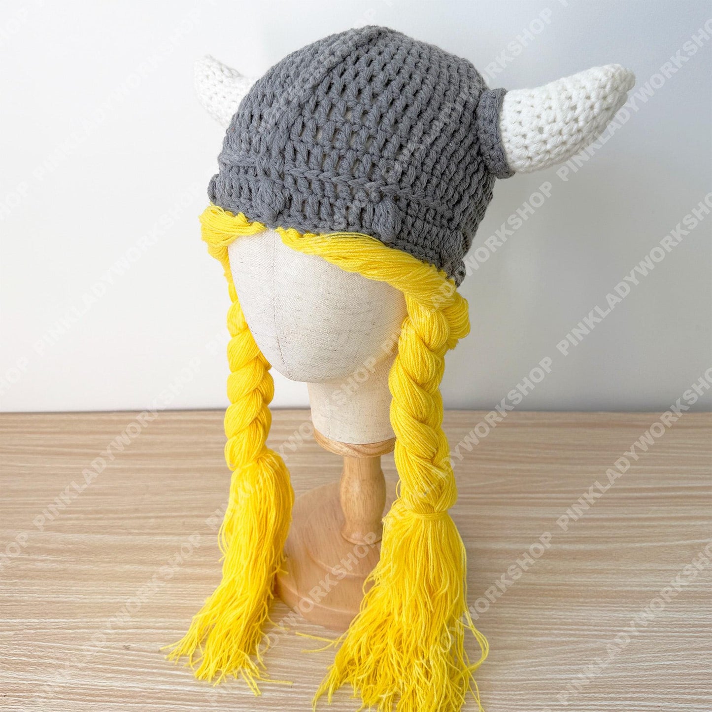 Pre-order Crochet Viking Hat with Braids | Handmade Norse Helmet Beanie | Viking Costume Hat | Knit Horned Hat | Cosplay Braided Wig Cap
