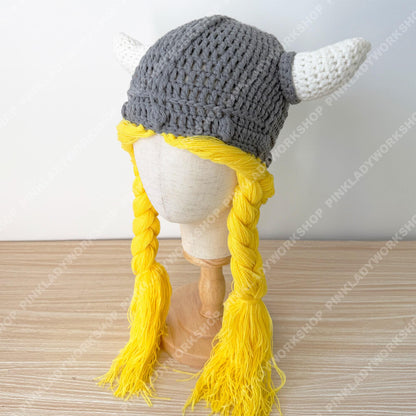 Pre-order Crochet Viking Hat with Braids | Handmade Norse Helmet Beanie | Viking Costume Hat | Knit Horned Hat | Cosplay Braided Wig Cap