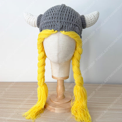 Pre-order Crochet Viking Hat with Braids | Handmade Norse Helmet Beanie | Viking Costume Hat | Knit Horned Hat | Cosplay Braided Wig Cap