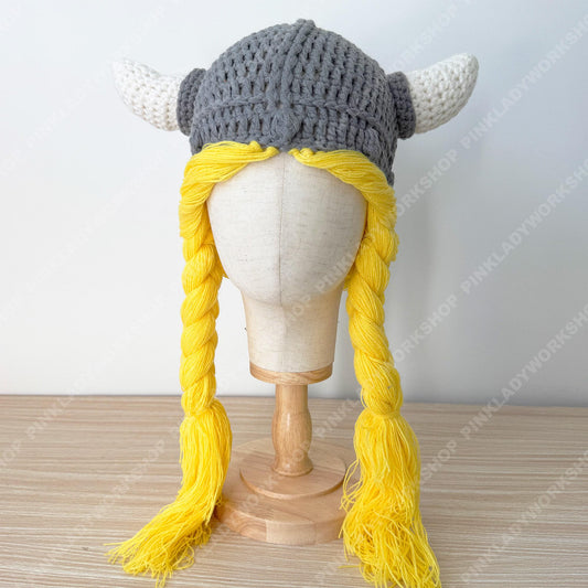 Crochet Viking Hat with Braids | Handmade Norse Helmet Beanie | Viking Costume Hat | Knit Horned Hat | Cosplay Braided Wig Cap
