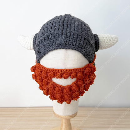Crochet Viking Hat with Beard | Handmade Horned Helmet Beanie | Norse Costume Hat | Viking Beard Hat | Halloween Cosplay Knit Cap