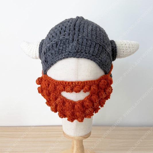Crochet Viking Hat with Beard | Handmade Horned Helmet Beanie | Norse Costume Hat | Viking Beard Hat | Halloween Cosplay Knit Cap
