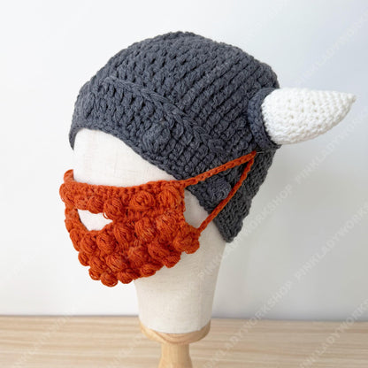 Crochet Viking Hat with Beard | Handmade Horned Helmet Beanie | Norse Costume Hat | Viking Beard Hat | Halloween Cosplay Knit Cap