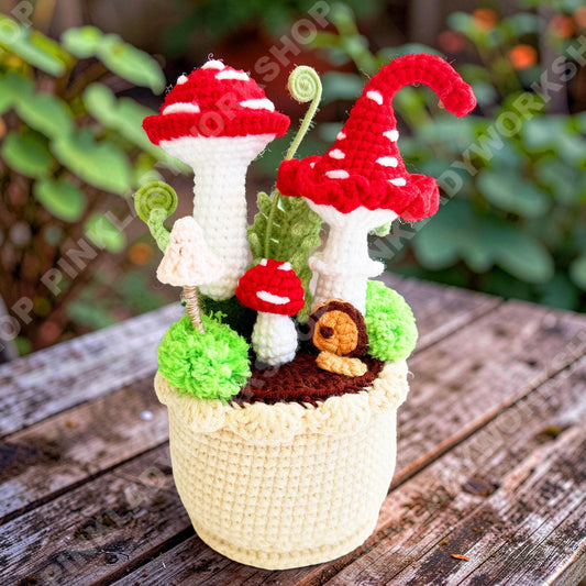 Crochet Mushroom Decor Pot | Handmade Toadstool Arrangement | Cottagecore Home Decor | Whimsical Fairy Garden | Cute Desk Decor