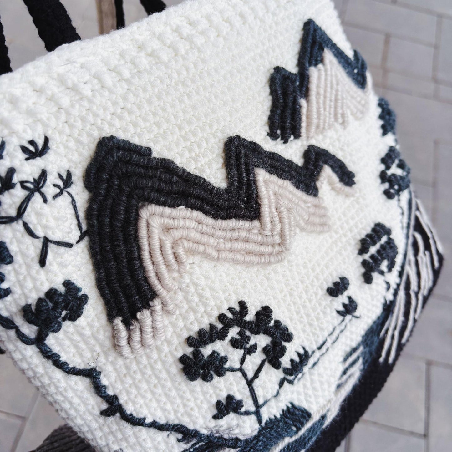 Crochet Landscape Crossbody Bag | Handmade Mountain & Cherry Blossom Purse | Aesthetic Shoulder Bag | Unique Art Tote | Gift for Her